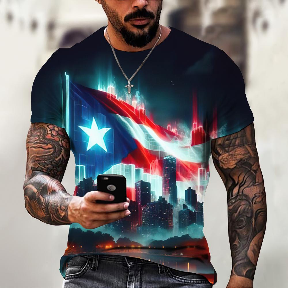 Men's T Shirt Summer Fashion Short Sleeve Tee Puerto Rico Flag Pattern Print T-Shirt Oversized Clothing Crew Neck Pullover Top