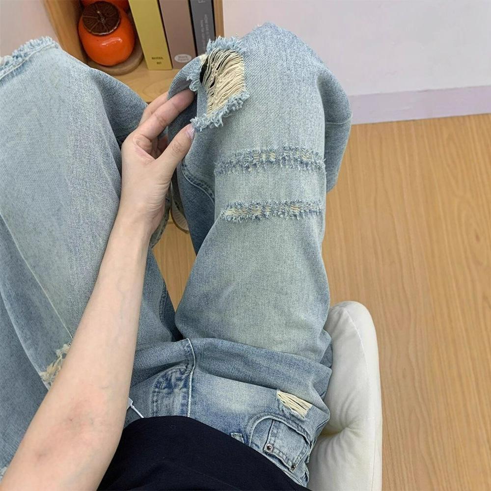 Comfortable High Street Broken Holes Jeans Women's Year Straight Small People Loose High Waist Thin Wide Leg Trousers Jeans for Women Long Denim Pants