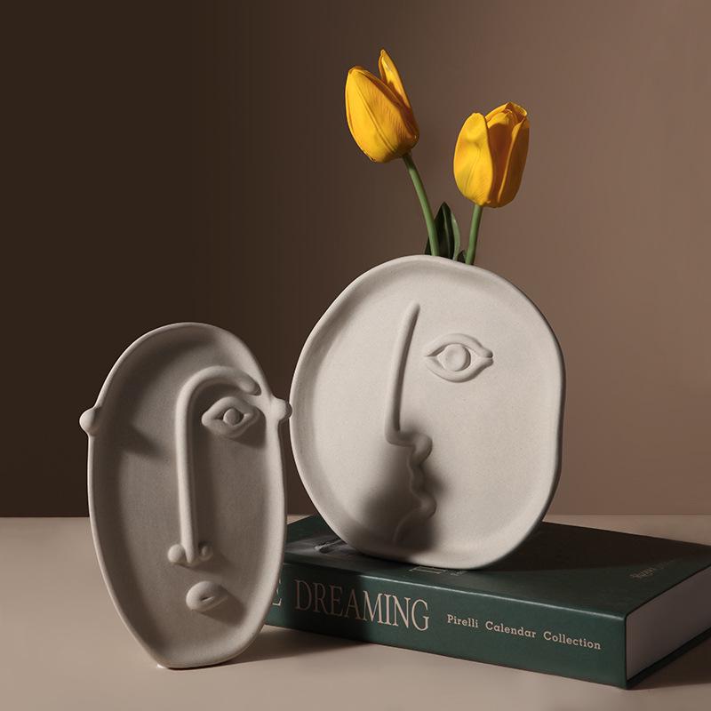 Retro Wabi-Sabi Clay Ceramic Face Sculpture Vase for Home Decoration