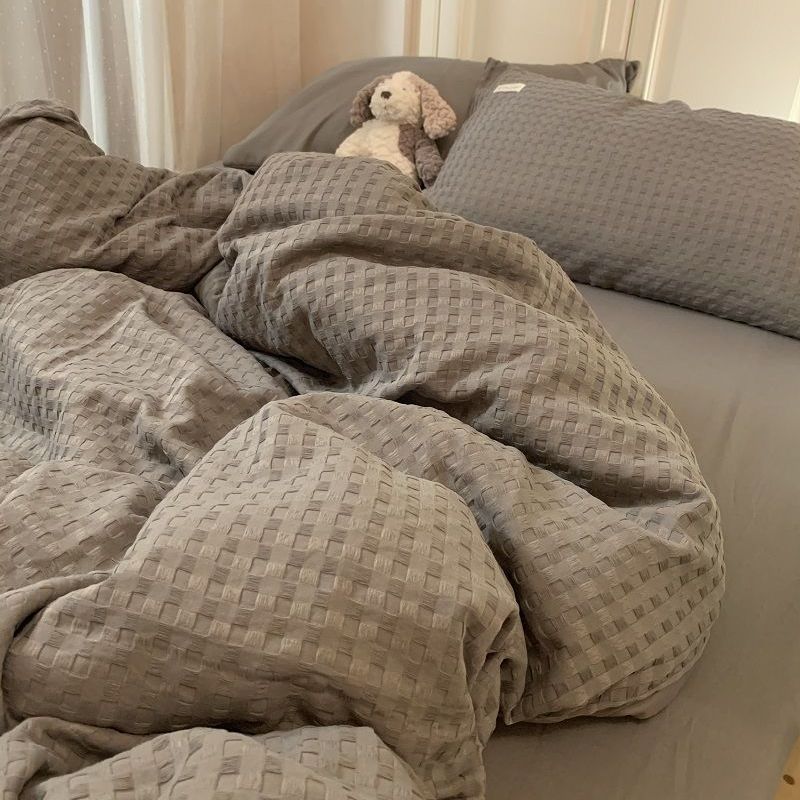 Bedding Set Luxury High Grade Light Washable Cotton Waffle Four Piece Olive Green Quilt Cover Bed Sheet Dormitory Three Piece