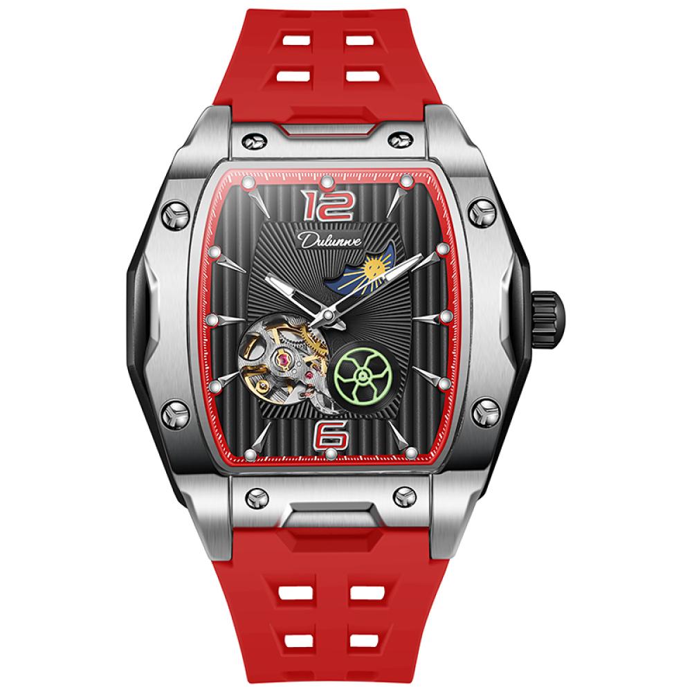 Dulunwe Tonneau Sports Men's Tourbillon Watches Starry Moon Phases Hollow Out Automatic Mechanical Watch Rubber Strap Luminous Wristwatch