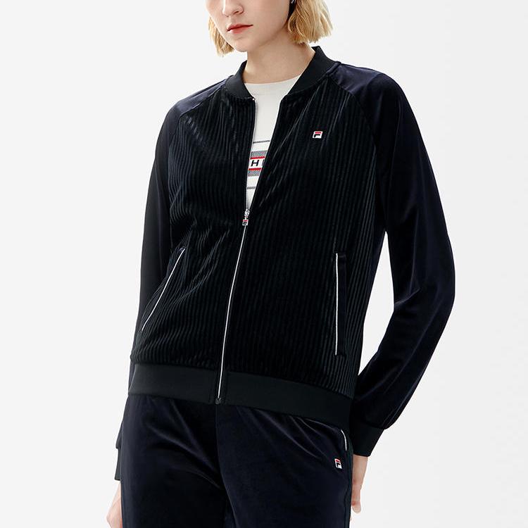 FILA Fw22 Shiny Velvet Casual Raglan Long Sleeve Jacket Women Jacket Black F11W241502F-BK