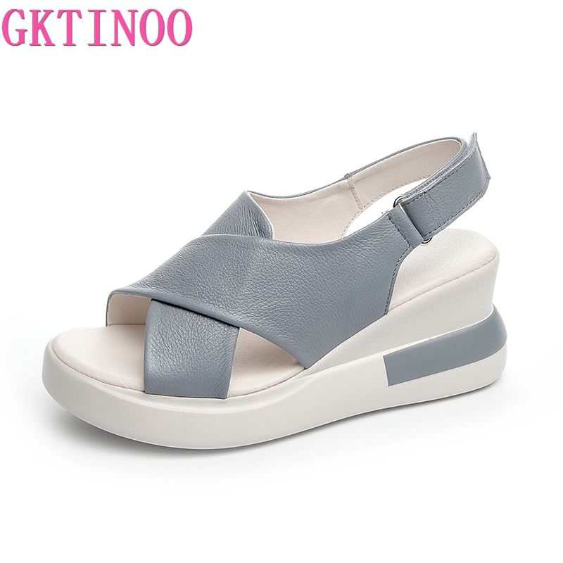 Fashion GKTINOO Genuine Leather Wedges Sandals For Women High Heels Platform Sandals Summer Casual Shoes 2025 Sandalias Mujer