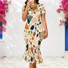 Women Plus Size V Neck Short Sleeve Geometric Printed Fitted Fishtail Dress