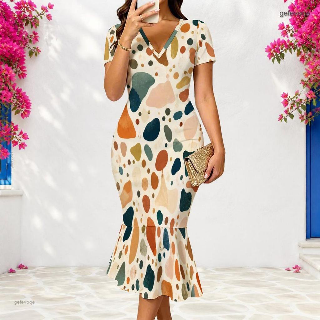Women Plus Size V Neck Short Sleeve Geometric Printed Fitted Fishtail Dress