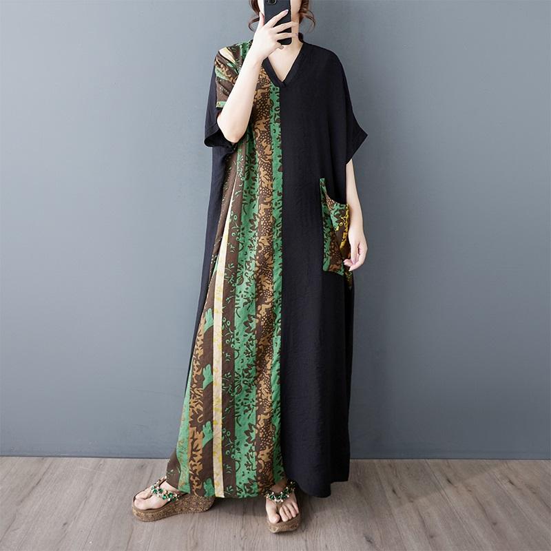 Short Sleeve Plus Size Cotton Vintage Patchwork New In Dresses for Women Casual Loose Maxi Long Summer Dress