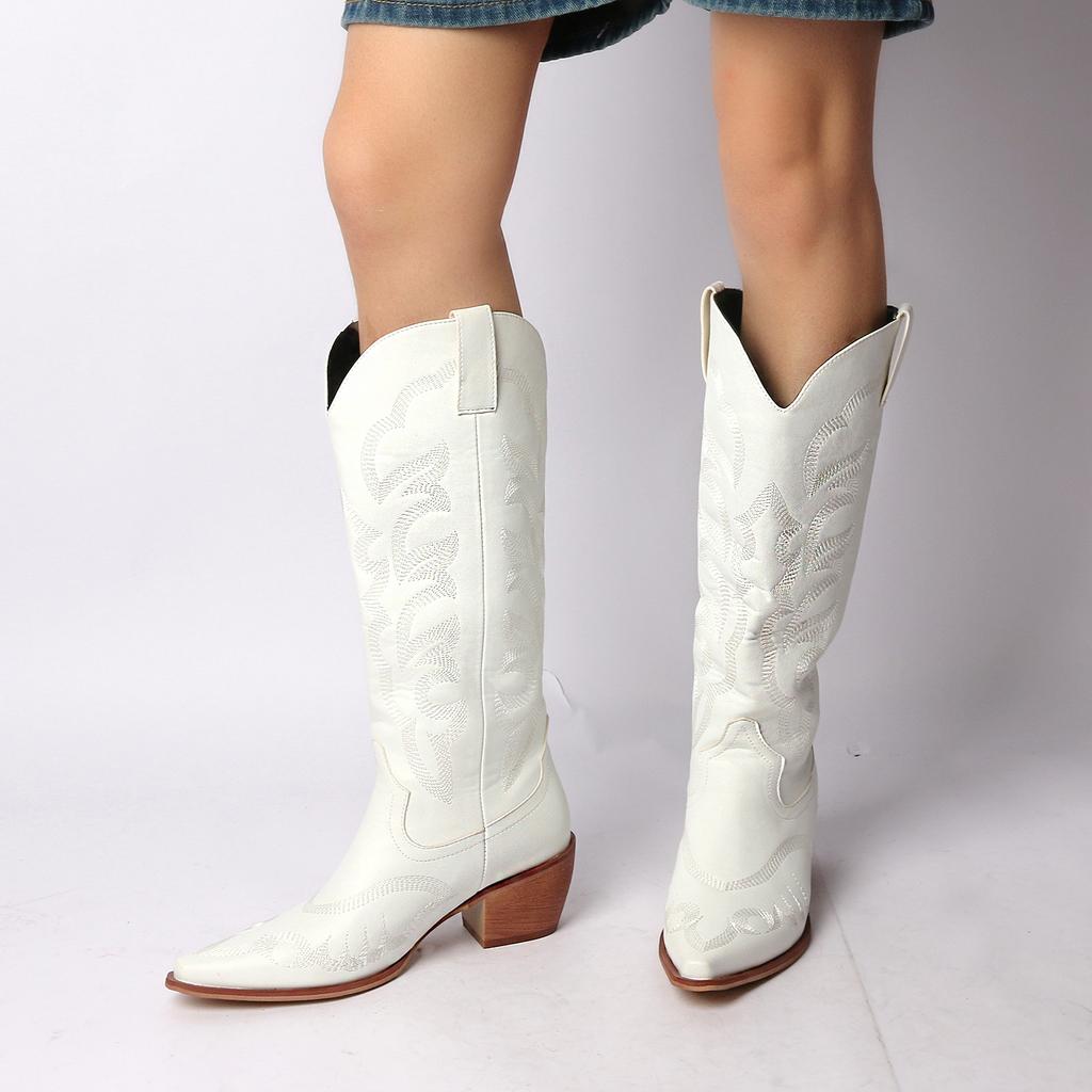 FOREADA Women Knee High Cowgirl Long Boots Pointed Toe Chunky High Heels Embroidery Wester Gogo Boots Ladies Fashion Shoes Winter 43