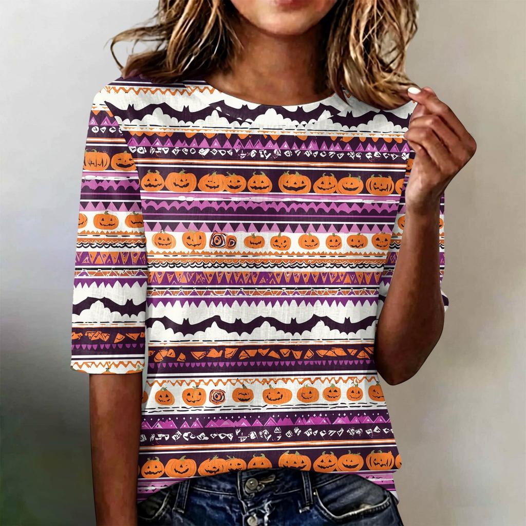 Women's Casual Loose Fit Short Sleeve T-Shirt Round Neck Lightweight Halloween Graphic Top for Everyday Wear