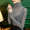Spring Autumn New High Collar Shiny Silk Bottoming Shirt Women's Mesh Slim Fit Plaid Tshirt Long Sleeve Top