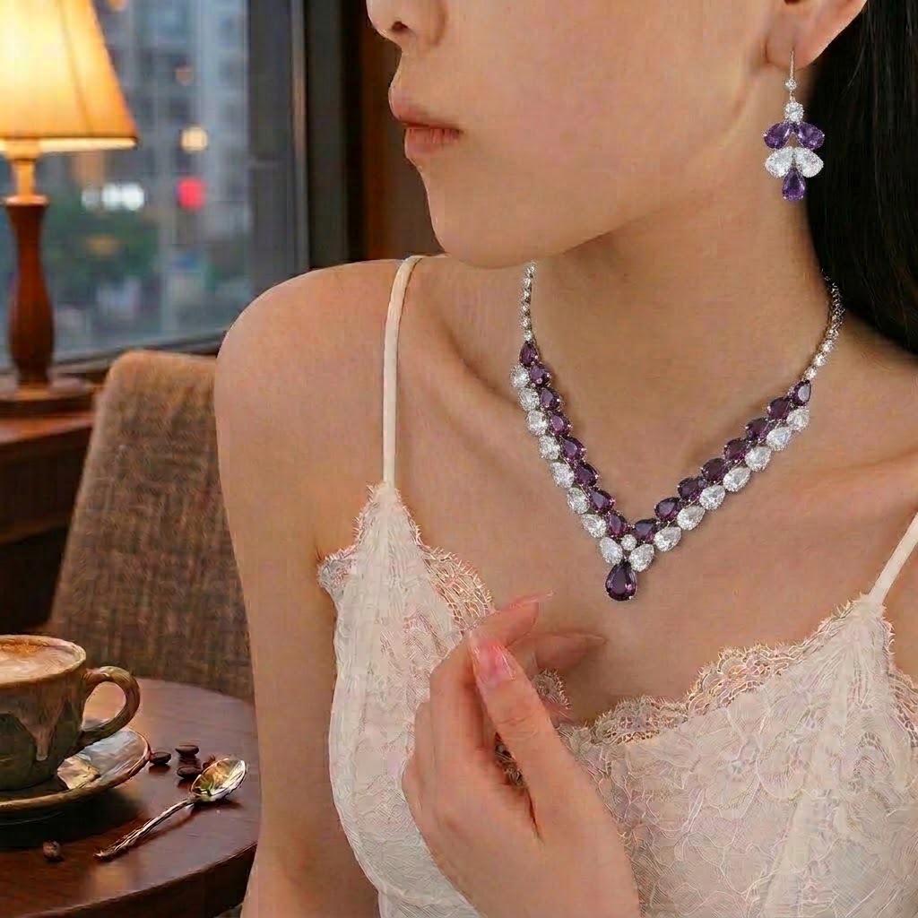 Set Fashion Trend Zircon Earrings & Necklace with Purple Water Drop Pendant - Elegant Jewelry Clavicle Chain