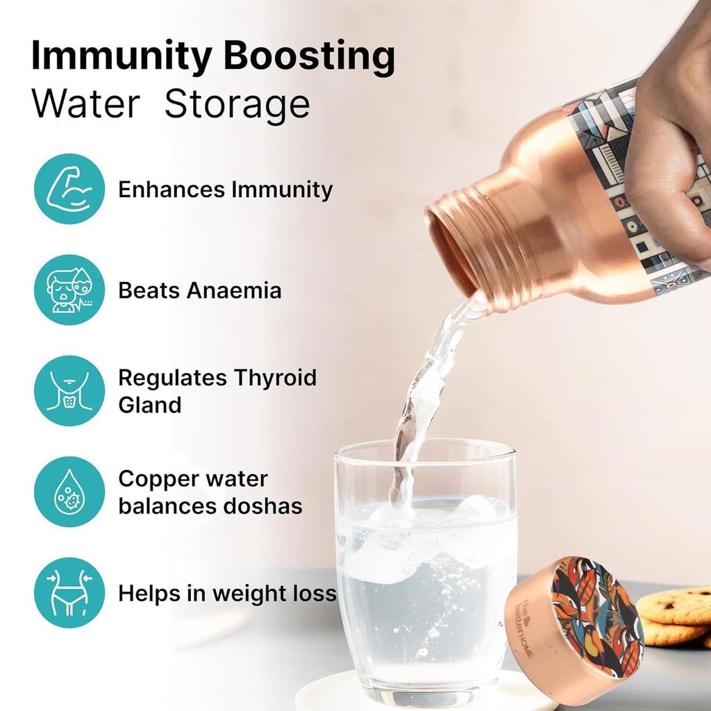 Home Copper Water Bottle 950ml | Designer Leakproof Eco-Friendly Immunity Boosting Non-Toxic BPA Free | Kids Drinkware & Storage