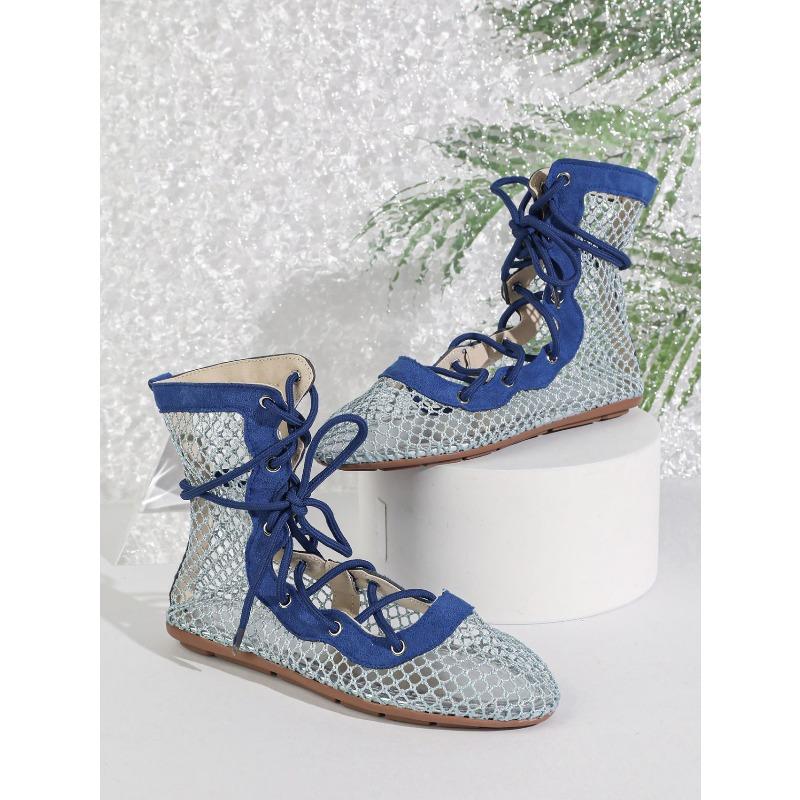 New plus-size retro flat sandals, summer breathable mesh hollow cross strap sandals for women