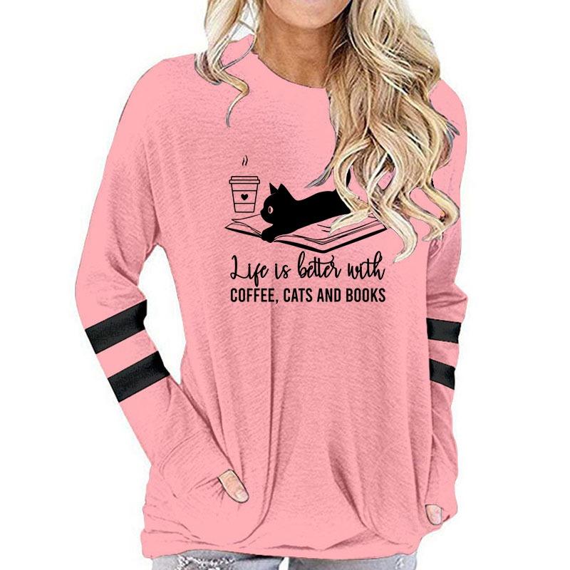 Long Sleeve T-shirt Women Books Lovers Tops Tees Life Is Better with Coffee Cat and Books Print Women Tshirt