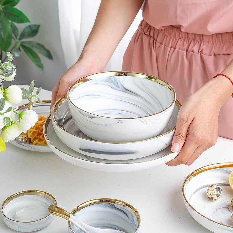 European Marble Pattern Gold Rim Ceramic Deep Plate
