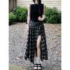 Kumikumi Design Sense Black Pleat Vest Top Women Summer Slimming Plaid Skirt Long Dress Two-piece Set