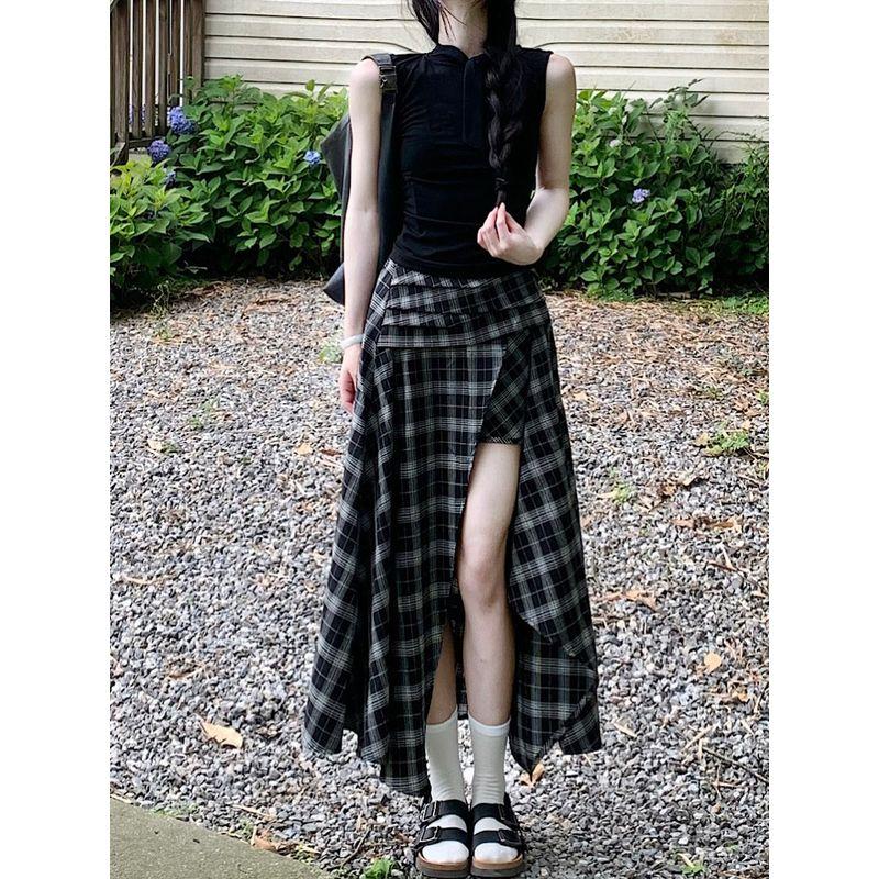Kumikumi Design Sense Black Pleat Vest Top Women Summer Slimming Plaid Skirt Long Dress Two-piece Set
