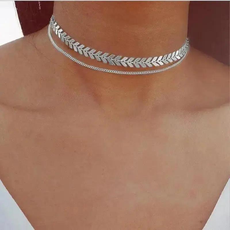 Simple Sequined Fishbone-shaped Fashionable Short Necklace for Men and Women, Fashion Jewelry Accessories, Creative Necklace