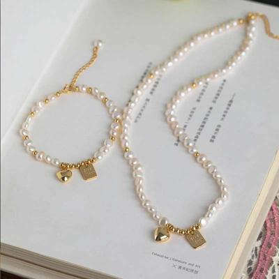 New Arrival 100% Natural Freshwater Pearl Romantic Love Heart 14K Gold Filled Female  Set For Women Necklace Bracelet