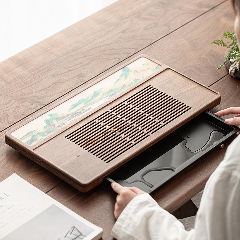 New Chinese Style Household Drawer Water Storage Tea Tray Heavy Bamboo Tea Set Tray Simple Modern Solid Wood Large Tea Table Tea
