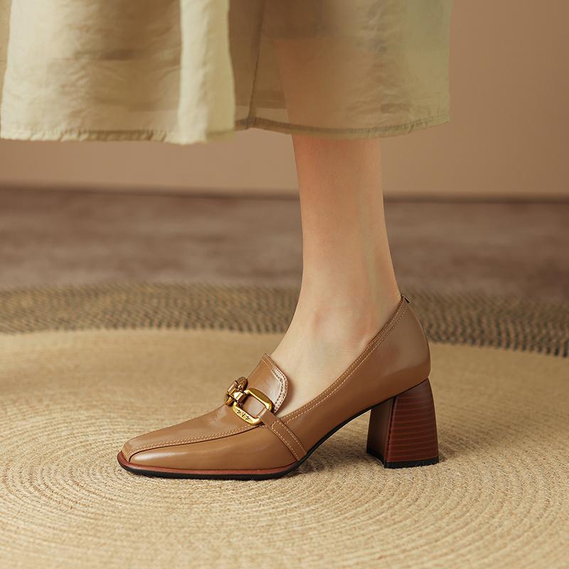 Fashion New Spring Woman Shoes Leather Shoes Women Slip-On Loafers Women Pumps Metal Chain Square Toe High Heels Shoes Zapatos De Mujer