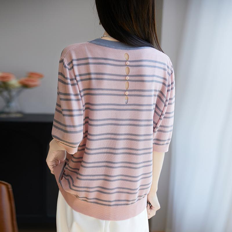 Tencel Crew Neck Striped Knitted Sweater Short Sleeve Women's Summer New Fashion Versatile Gradual Change Color Half Sleeve Bottoming Shirt Top