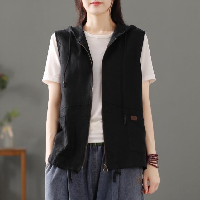 

Весна Лето Ретро Свободный Однотонный Кардиган С Капюшоном Жилет Повседневный Безрукавный Жилет Короткая Куртка Женская XXL чёрный