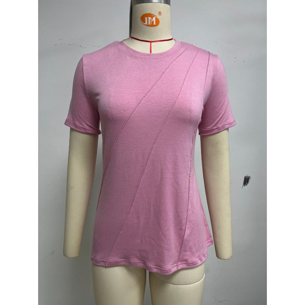 Spring Summer New Women's Solid Color Striped Loose Crew Neck Short Sleeve T-shirt Top For Cross-border Europe America