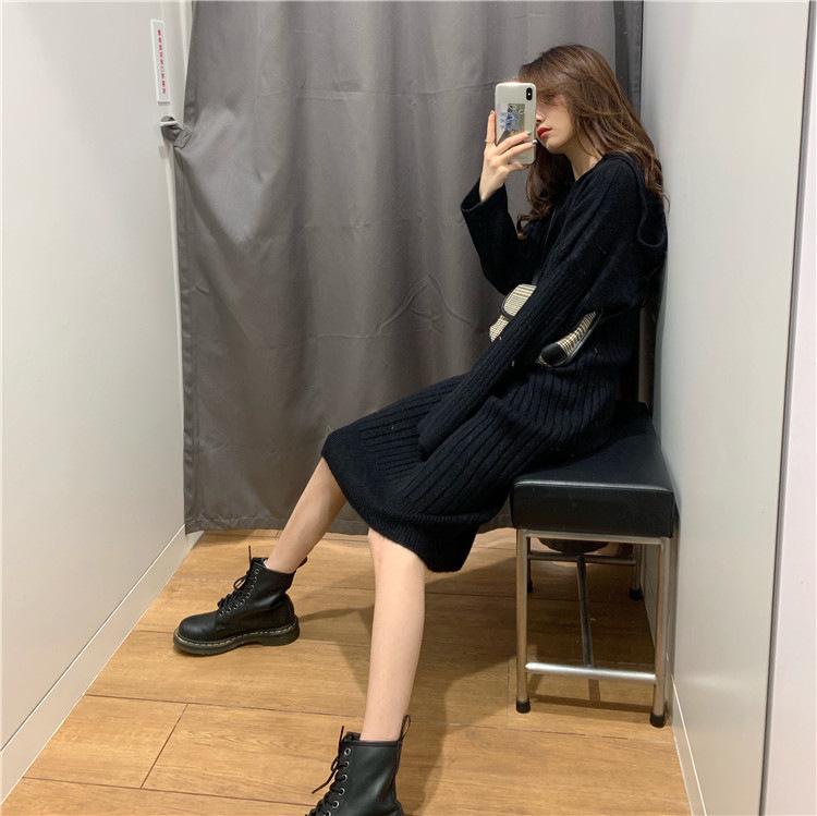 Korean loose hooded bottoming knitted dress women's 2026 autumn and winter thickened knee sweater medium and long skirt