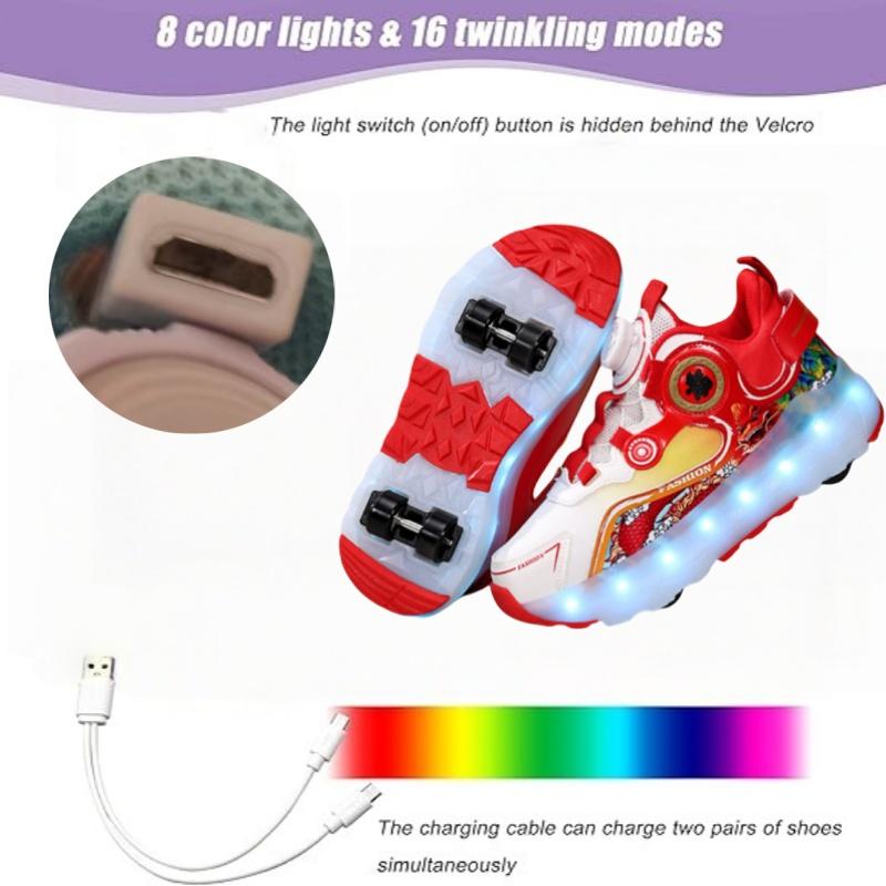 Children Four Wheels Luminous Glowing Sneakers Black Pink Led Light Roller Skate Shoes Kids Led Shoes Boys Girls USB Charging