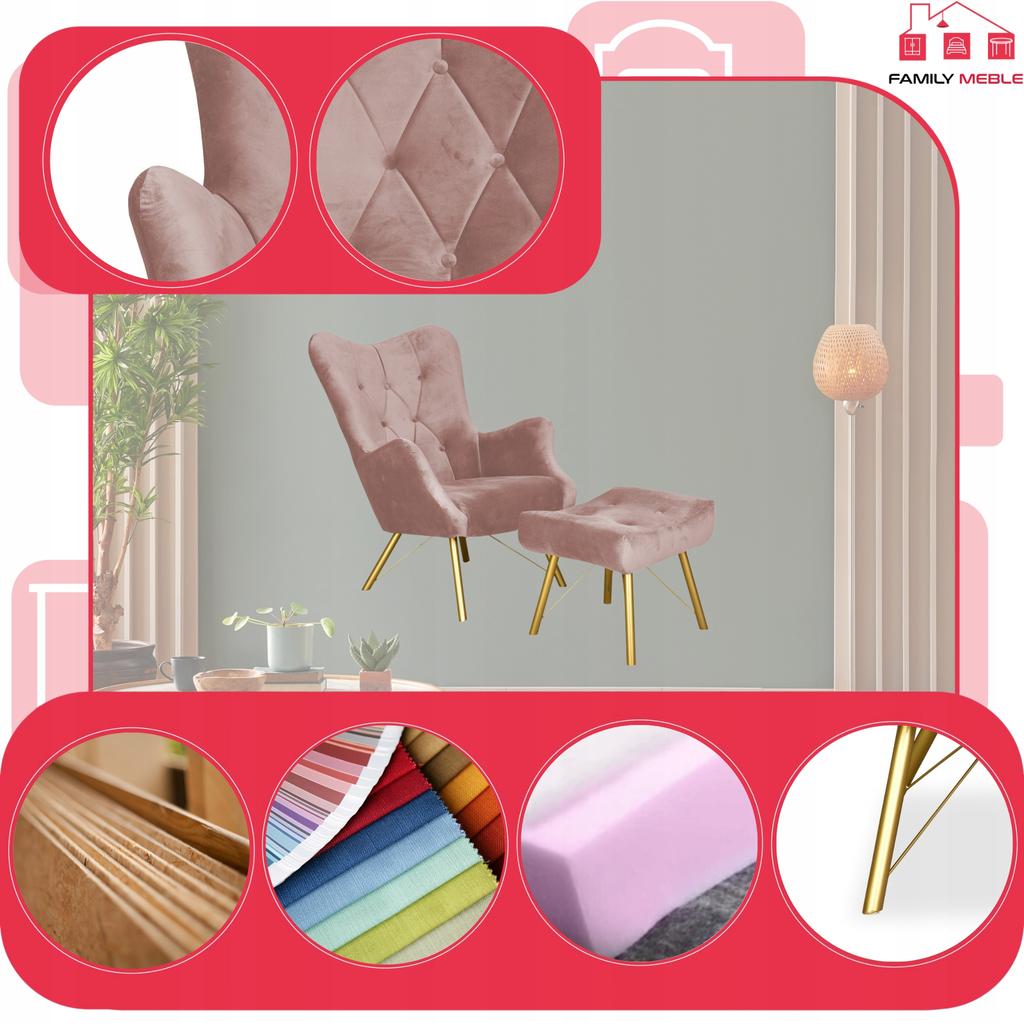 Scandinavian Armchair Luna with Footrest, Pouffe, Button, Family Meble, Lilac, Dirty Pink