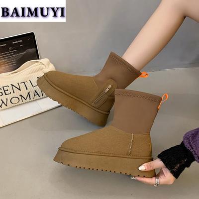 Platform Flats Women Snow Boots Fur Warm Cotton Shoes Suede Ankle Winter Plush Woman 2025 Trend Brand Leather Goth Botas Mujer