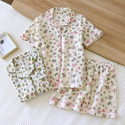 Sweet Floral  Double Gauze Wrinkly Cotton Shorts Pajama Sets Women Sweet Summer Short Sleeves Pyjamas
