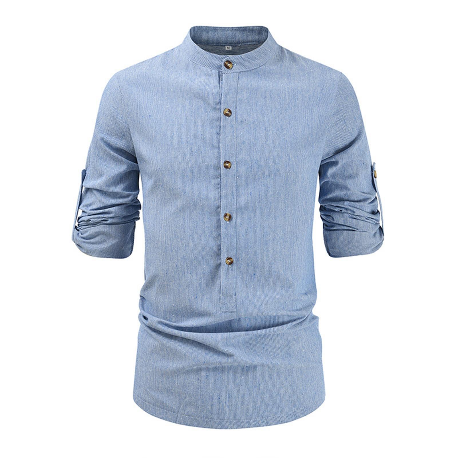 

Мужская повседневная модная рубашка с длинным рукавом, мужская полосатая рубашка с воротником-стойкой и пуговицами с длинным рукавом L синий