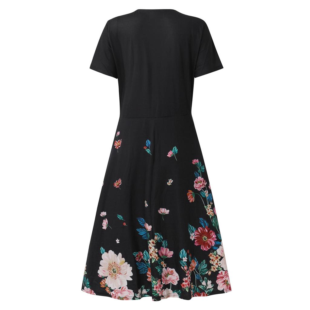 Women's Summer Casual Fashion Floral Print Short Sleeve V-Neck Swing Dress