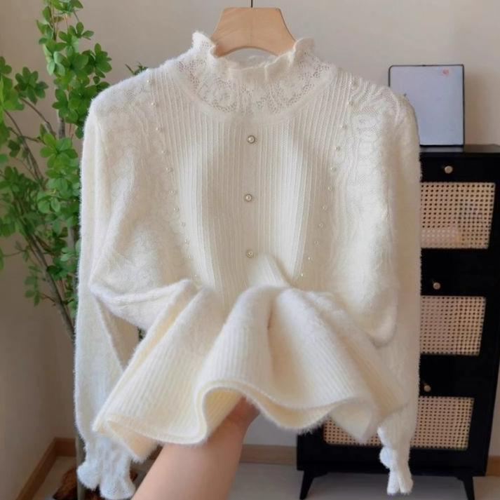 

Autumn and Winter Women s Beaded Lace Collar Knit Sweater Loose Half-High Neck Thick Soft Pullover Knitwear S білий