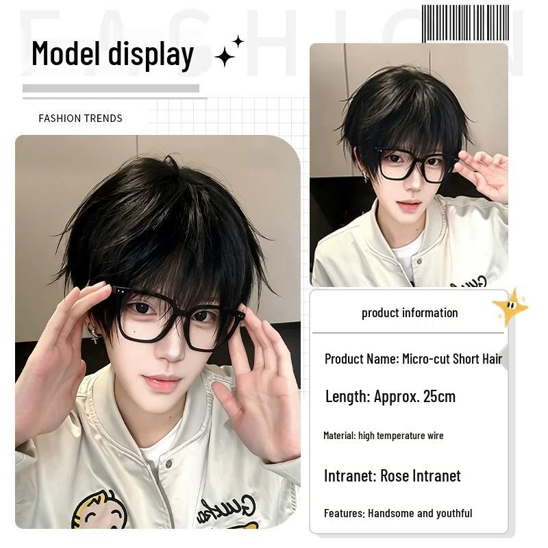 Men's Natural Black Short Wig with Micro-bangs, Layered and Fluffy for Daily Wear