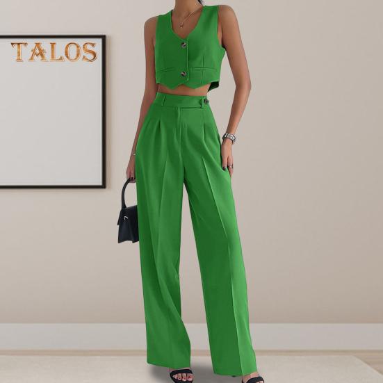 Acheter 2 Pièces/ensemble Femmes Gilet Pantalon Ensemble Sans Manches Col En V Bouton Décor Jambe Large Droite Ample Couleur Unie Dame Haut Pantalon