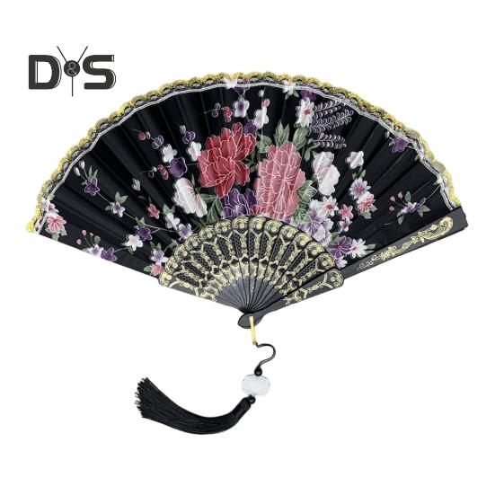 Chinese Style Flower Folding Fan with Tassels Portable Summer Hand Held Cooling Fan Decoration Dance Performance Props Party Costume Accessories