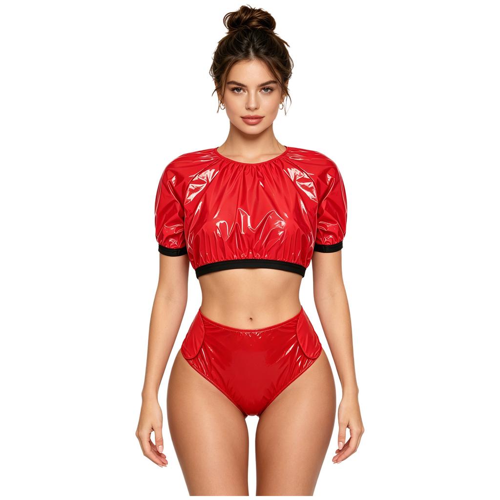 Damen Wasserdicht Vinyl Crop Top Kurzarm Klettverschluss Seiten Windelüberzug Shorts Anpassbares Badeanzug Set