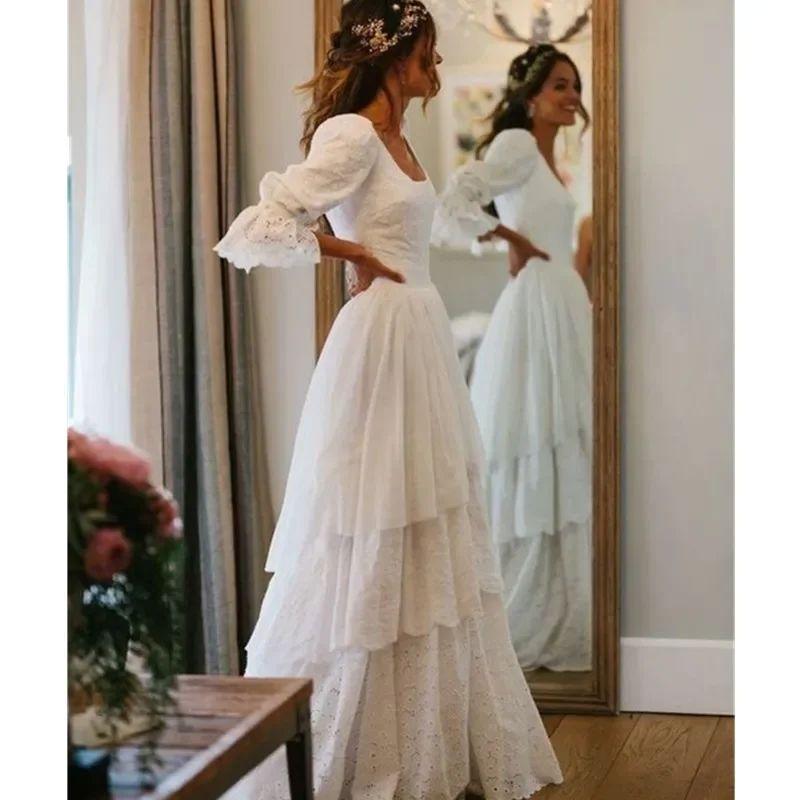 Wedding Dress Vintage Lace Wedding Dress 2025 Boho A Line Bride Gown Half Sleeves Tiered Wedding Gowns Customized