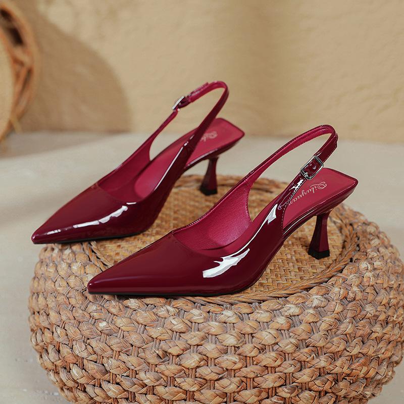 Baotou Sandals Women's 2025 New Summer Pointed Back Empty Single Shoes Burgundy Word with Sexy Stiletto High Heels