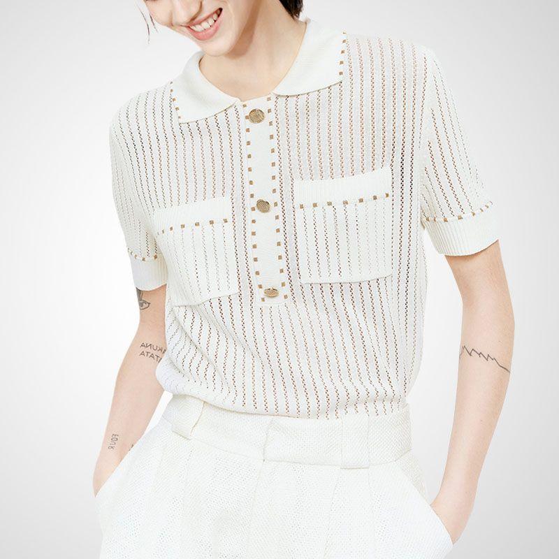 

Fashion Hollowed-out Knitted Design Sense Niche Thin T-shirt White XL