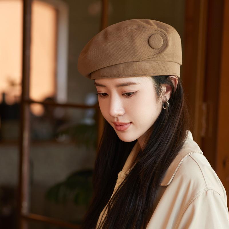 Hat Female High-end Button Beret Showing Face Small Painter Hat Literary Retro Bud Hat