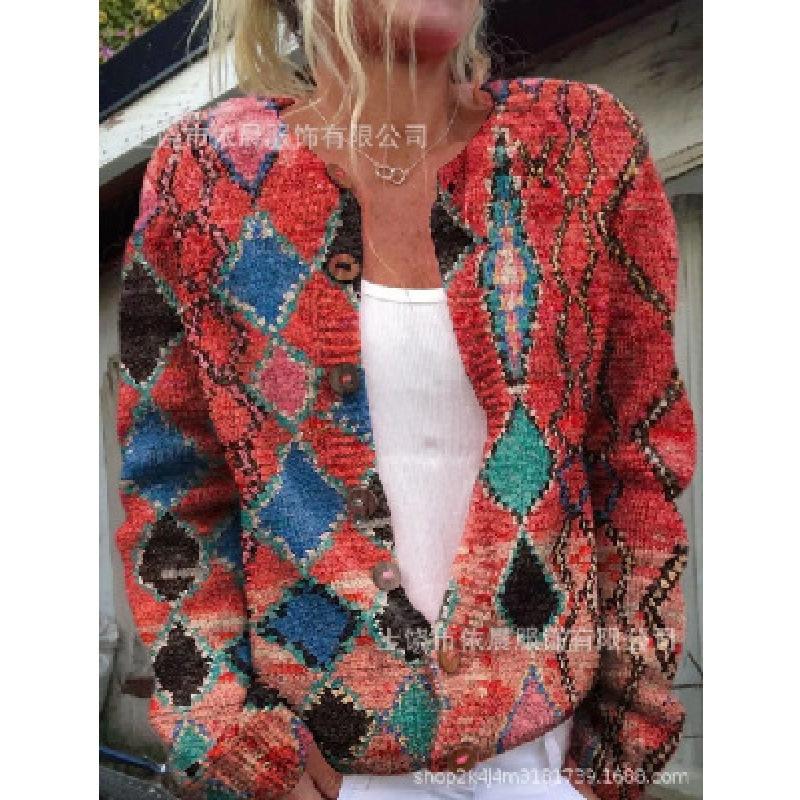 Cardigan Tricot Femme Col Rond Boutonnage Simple Imprimé Floral Manches Longues Vêtement d'Extérieur Décontracté