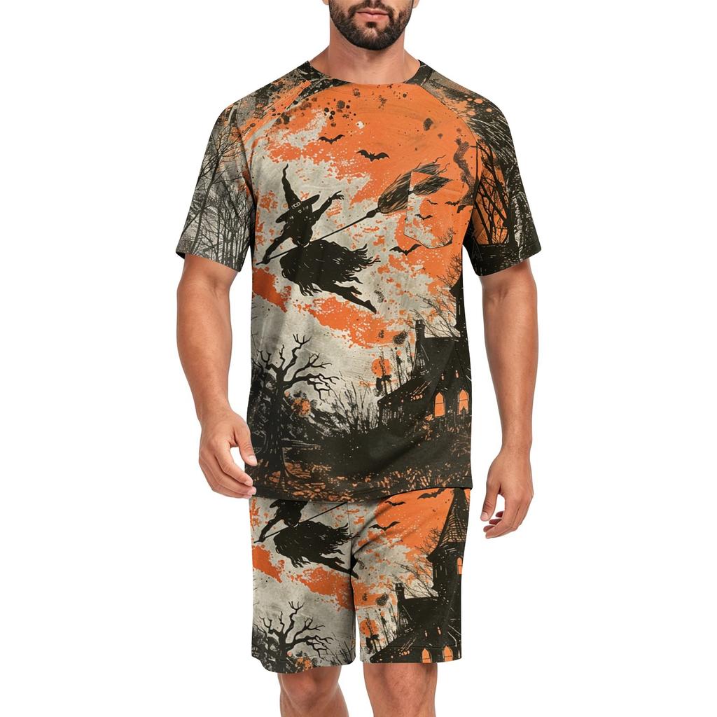 Men's Halloween Casual Pajama Set Short Sleeve Top and Shorts Comfortable Lightweight Sleepwear for Home Relaxation