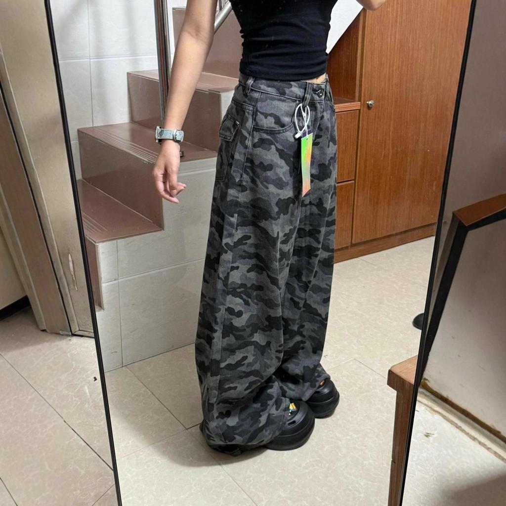 Women's High Rise Camo Wide Leg Jeans Loose Floor Length Vintage American Washed Non-Stretch Summer Denim Trousers