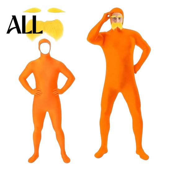 Lustiges Familienkostüm Gesicht Offen Halloween Kostüm, Unisex Ganzkörper Oranger Body mit Bart Langlebiger Cosplay Anzug Augenbrauen für Männer Frauen, Erwachsener