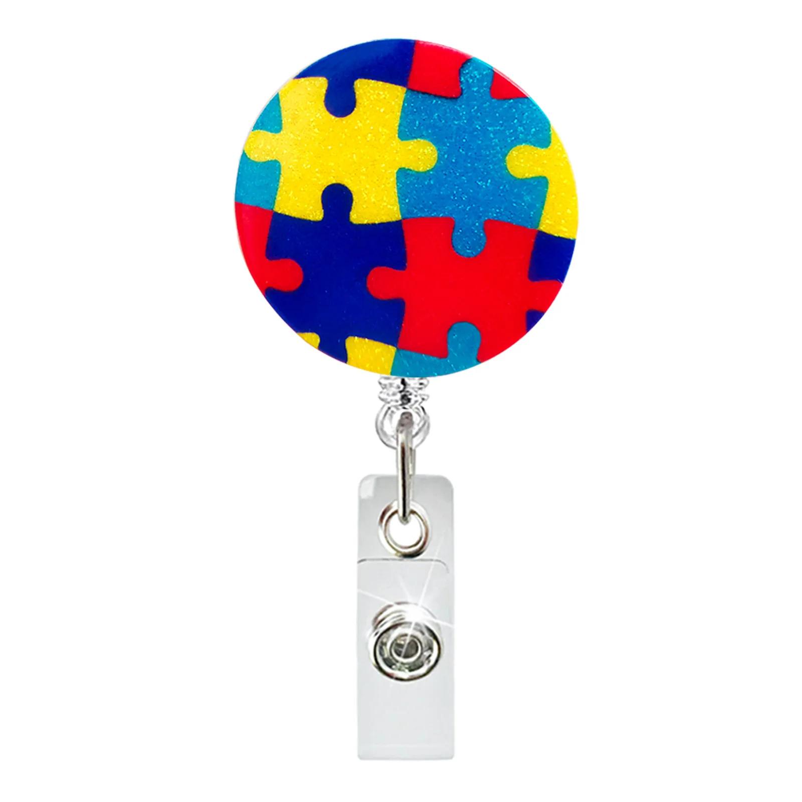

Acrylic Colorful Puzzle Autism Retractable Badge Reel Nurse Doctor Id Card Holder Accessories Supplies Name Card Badge Clip