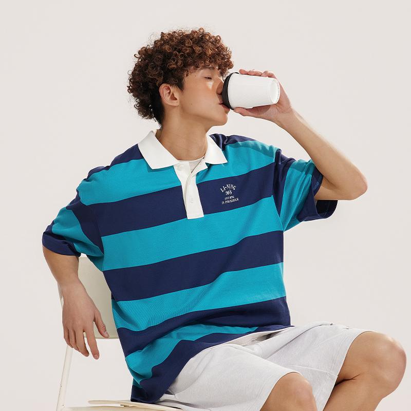 Li-Ning Weekend Youth Casual Comfortable Striped Polo Shirt Unisex Polo Shirts Reef-Blue APLU235-3