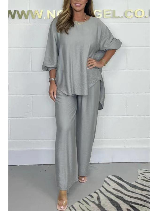 Pantalones Anchos de Satén de Acetato 2024 con Chaqueta Cola de Golondrina – Moda Casual de Color Sólido